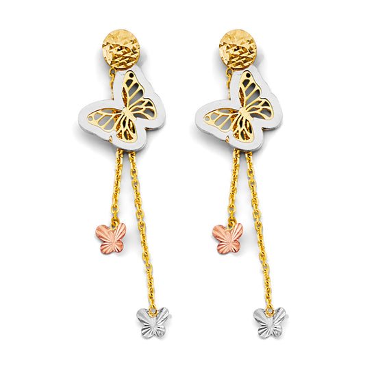14K Tri-Color Gold Butterfly Dangle Earrings