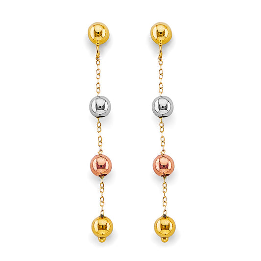 14K Tri-Color Gold Beaded Dangle Earrings