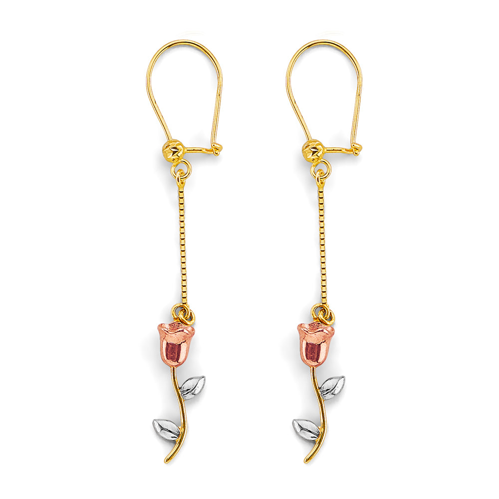 14K Tri-Color Gold Rose Dangle Earrings