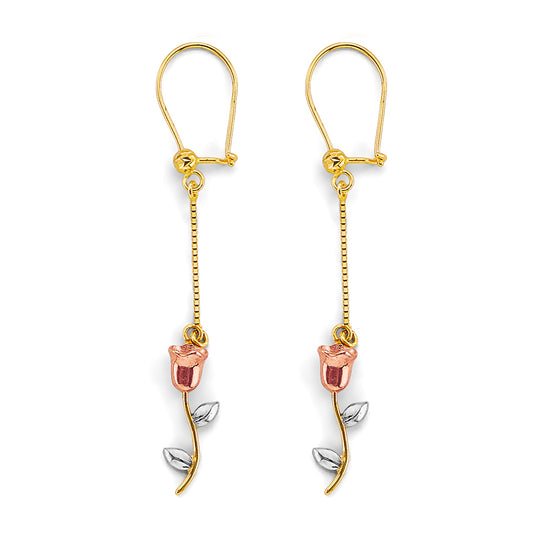 14K Tri-Color Gold Rose Dangle Earrings