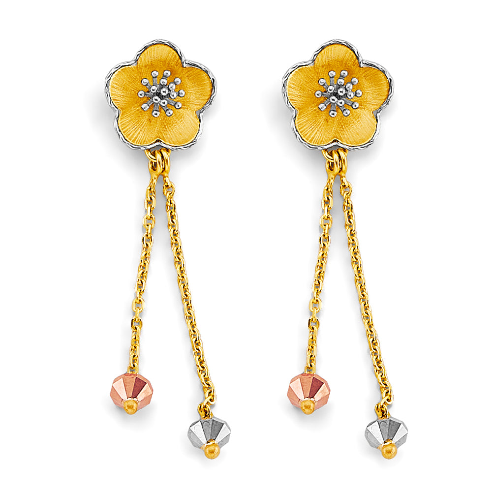 14K Tri-Color Gold Flower Dangle Earrings