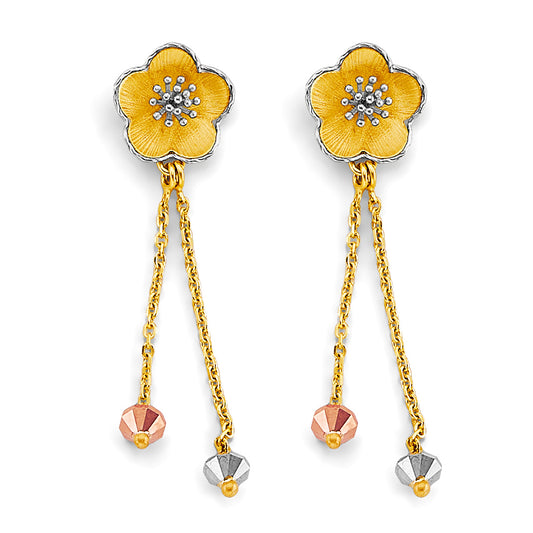 14K Tri-Color Gold Flower Dangle Earrings