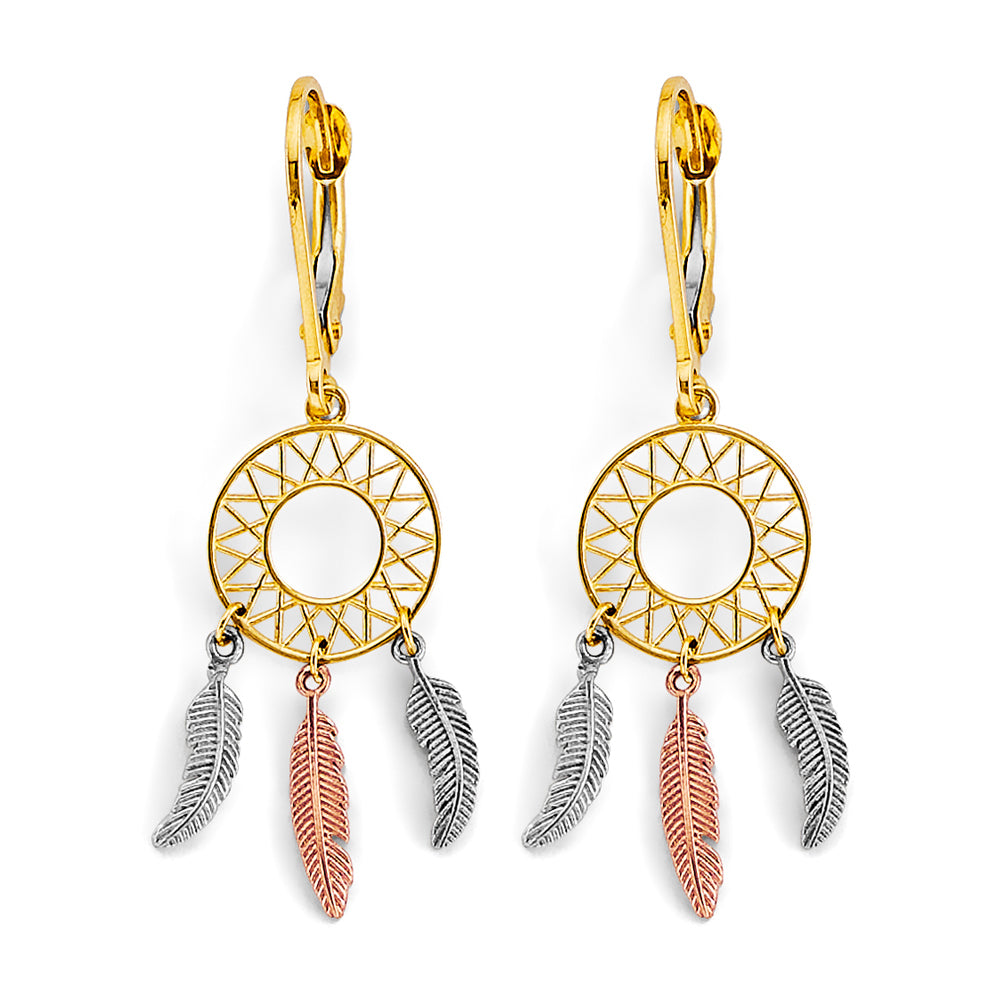 14K Tri-Color Gold Dreamcatcher Dangle Earrings