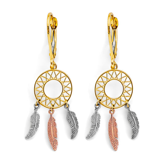 14K Tri-Color Gold Dreamcatcher Dangle Earrings