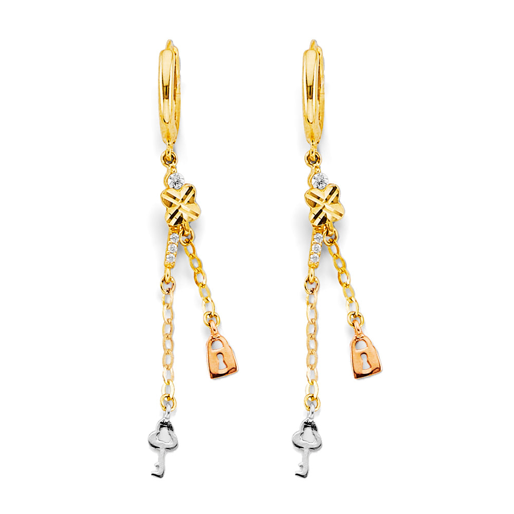 14K Tri-Color Gold Key and Lock Dangle Earrings with CZ Accents
