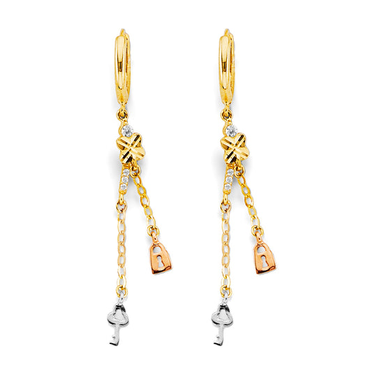 14K Tri-Color Gold Key and Lock Dangle Earrings with CZ Accents