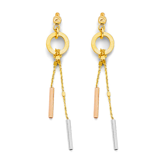 14K Tri-Color Gold Bar Dangle Earrings