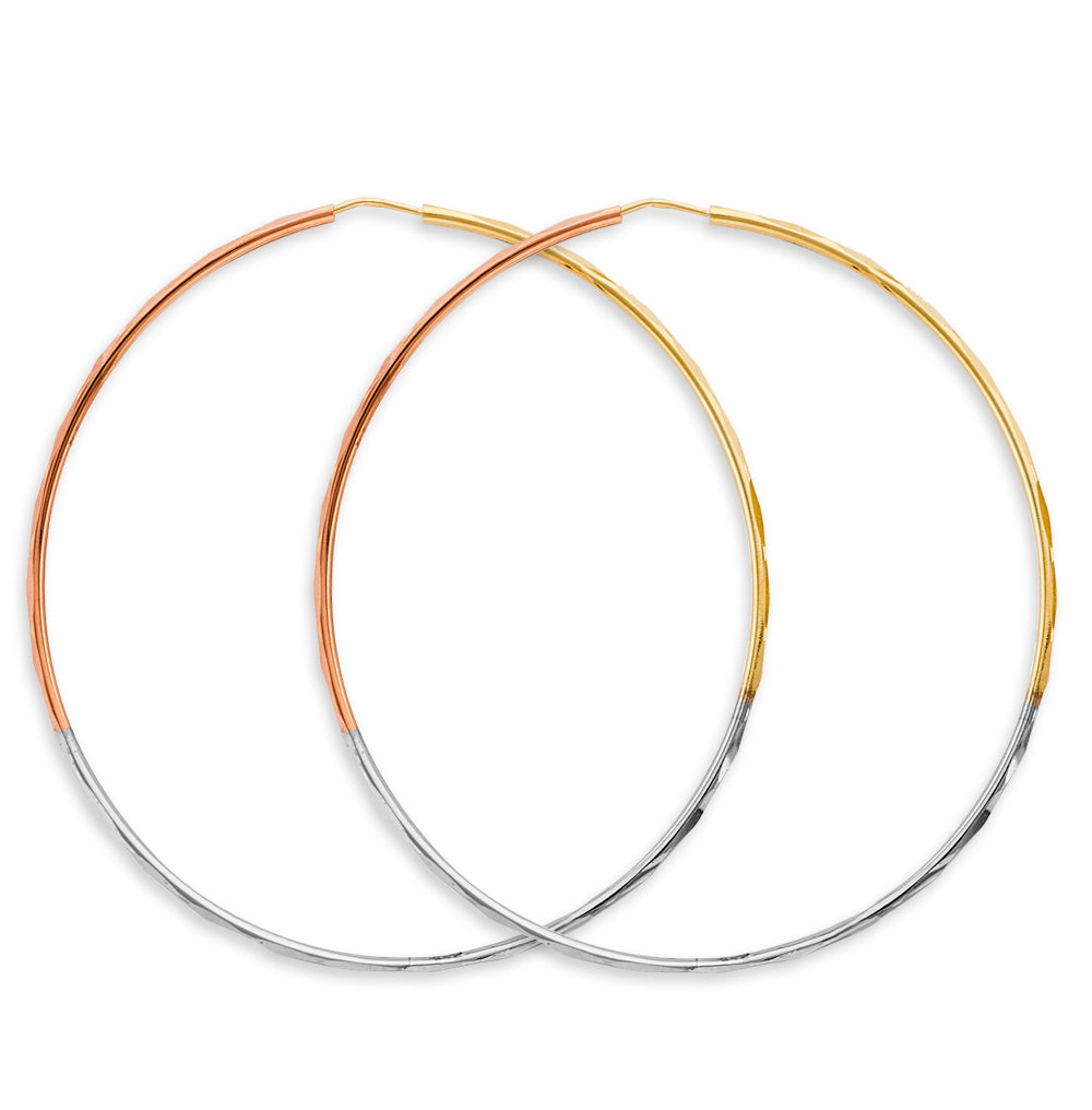 14K Tri-Color Gold Diamond-Cut Hoop Earrings 1.5mm thick aprox 2.5" in diameter
