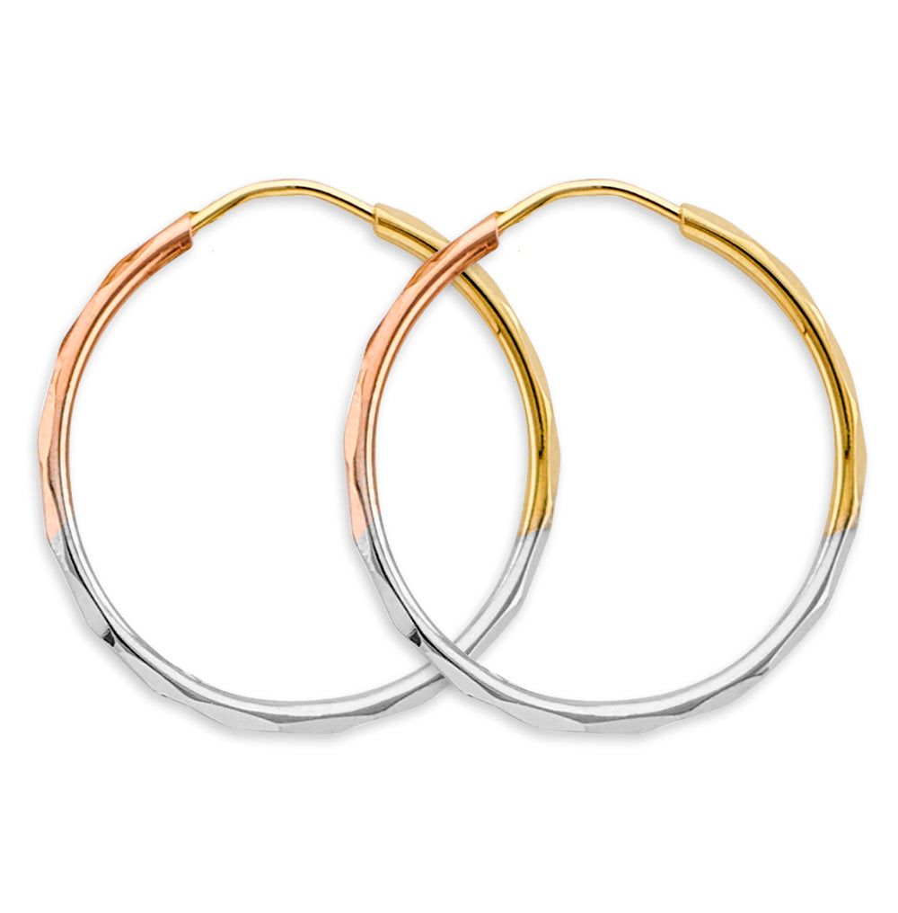 14K Tri-Color Gold Diamond-Cut Hoop Earrings 1.5mm thick aprox 1" in diameter