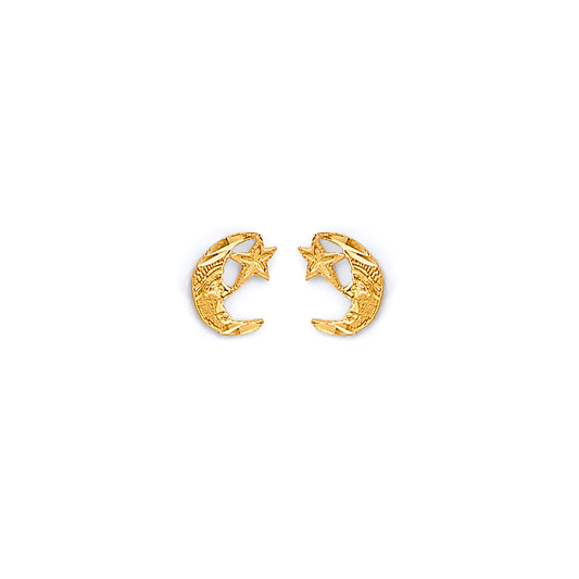 14K Yellow Gold Moon and Star Studs