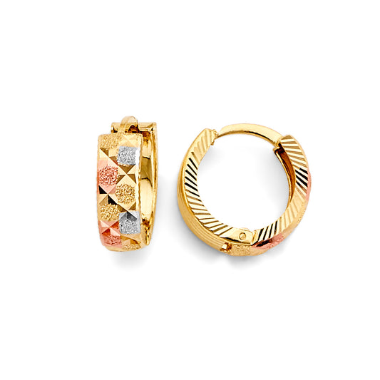 14K Tri-Color Gold Pyramid-Texture Huggie Hoop Earrings