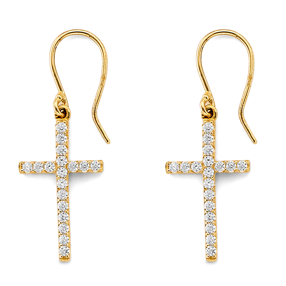 14K Yellow Gold Dangling Cross Earrings accented with Cubic Zirconia Stones