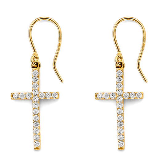 14K Yellow Gold Dangling Cross Earrings accented with Cubic Zirconia Stones