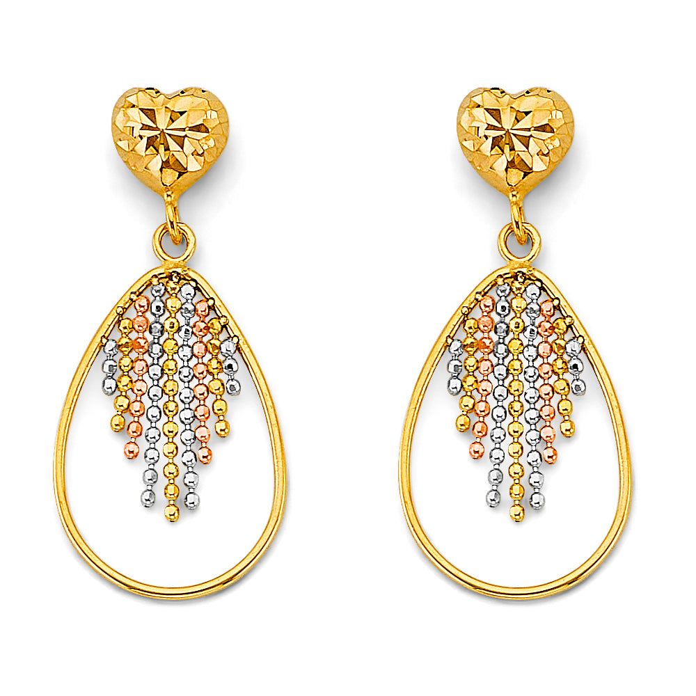 14K Tri-Color Gold Women’s Beaded Teardrop Dangle Earrings aprox 1 1/4" tall