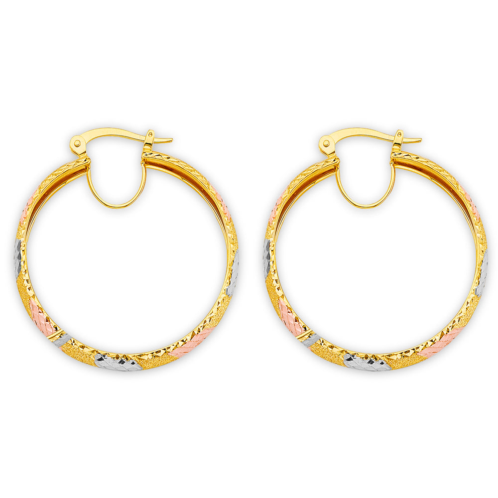 14K Tri-Color Gold Women’s Diamond-Cut Hoop Earrings aprox 1 1/2" tall