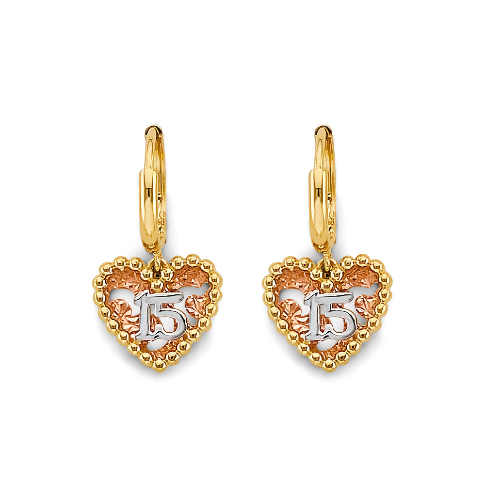 14K Tri-Color Gold Quinceañera Heart Earrings 3/4" tall