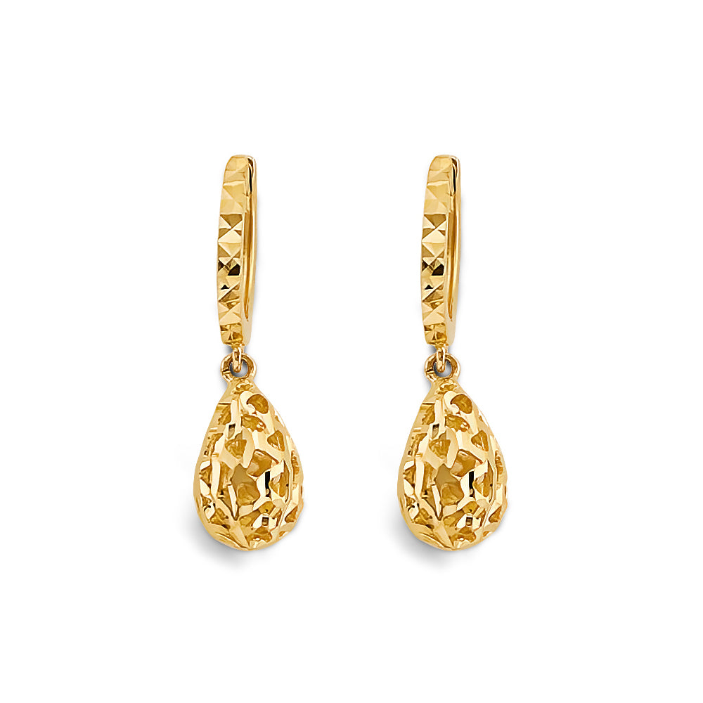 14K Yellow Gold Diamond-Cut Teardrop Dangle Earrings 1" tall