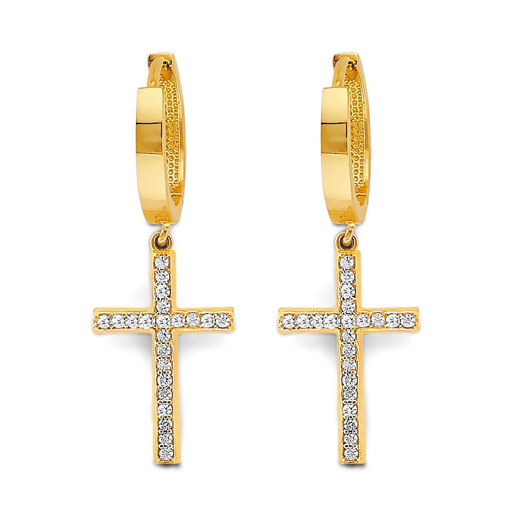 14K Yellow Gold CZ Cross Dangle Earrings 1 1/4" tall