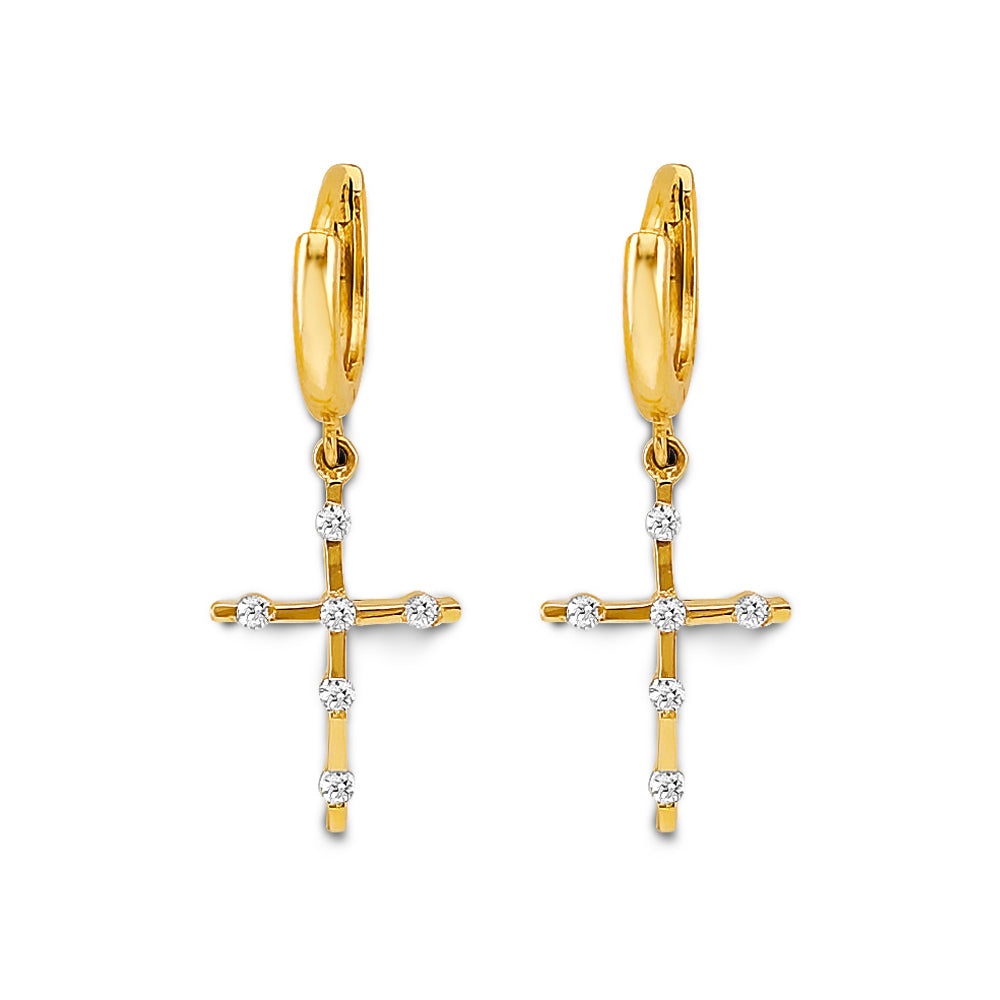 14K Yellow Gold CZ Cross Dangle Earrings 1" tall