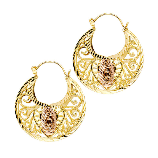 14K Two-Tone Gold Large Virgin Guadalupe Filigree Basketweave Hoop Earrings