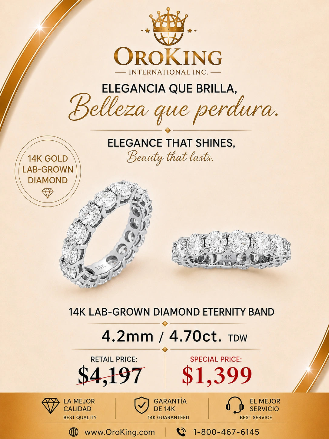 Women's 14K White Gold/ Yellow Gold Lab-Grown Diamond Eternity Band Ring 4.2mm Wide 4.70ct. TDW