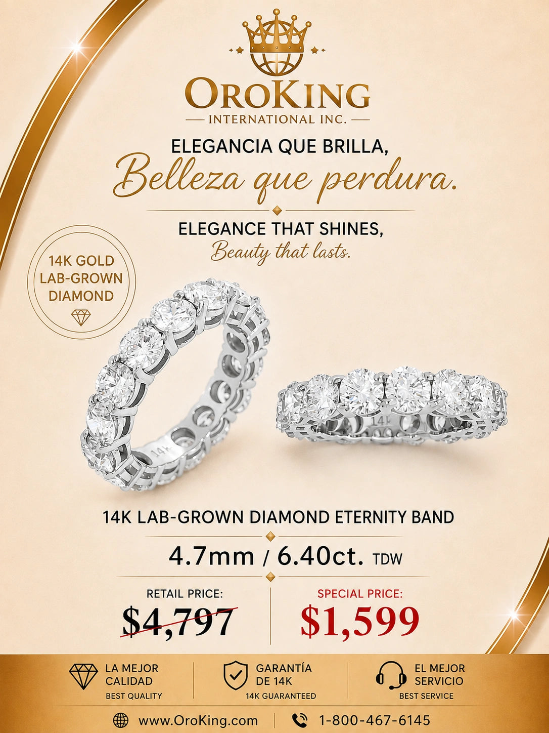 Women's 14K White Gold/ Yellow Gold Lab-Grown Diamond Eternity Band Ring 4.7mm Wide 6.40ct. TDW
