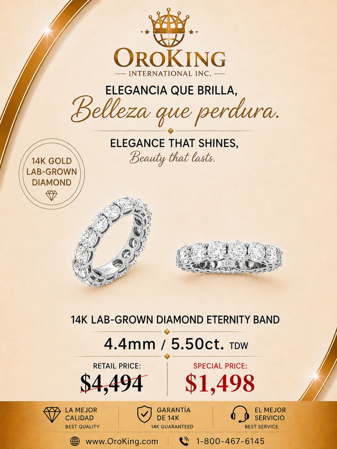 Women's 14K White Gold / Yellow Gold Lab-Grown Diamond Eternity Band Ring 4.4mm Wide 5.50ct. TDW