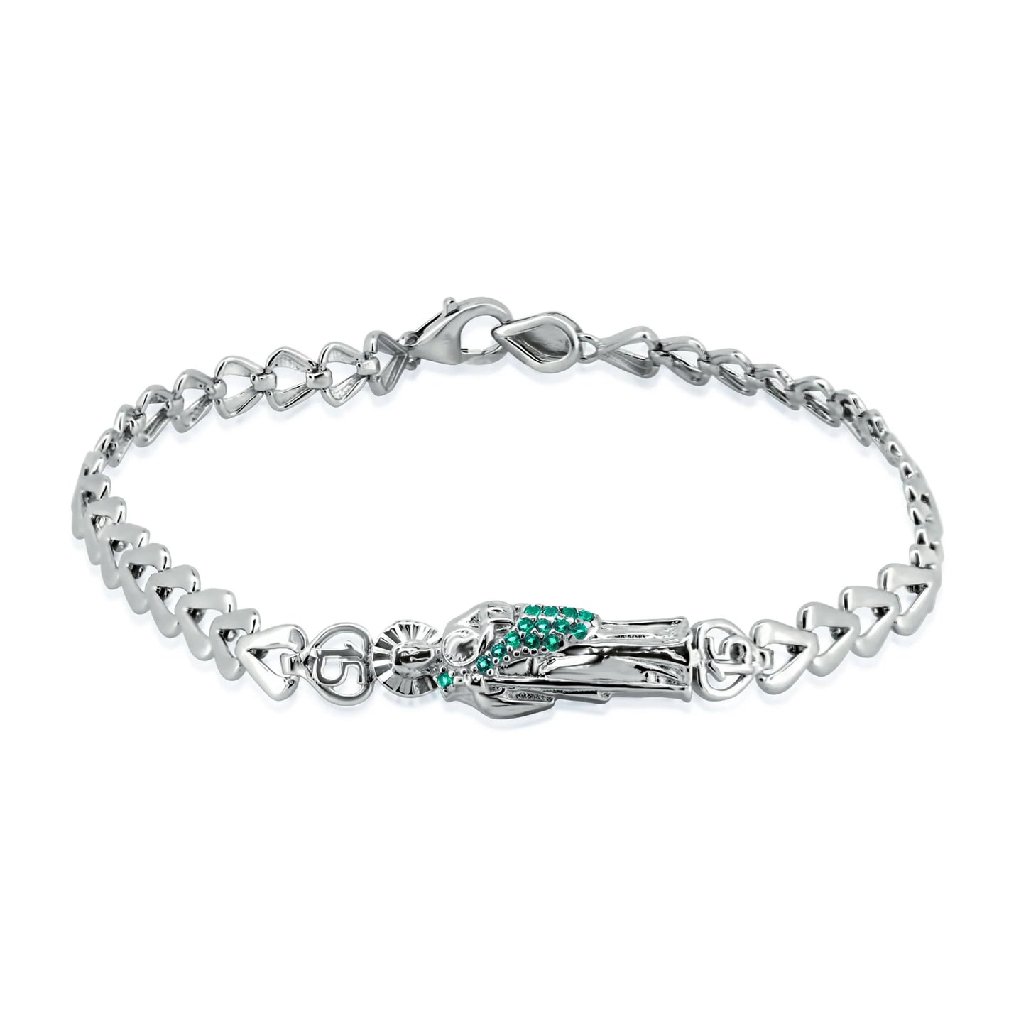 925 Sterling Silver Rhodium Plated St Jude Green CZ Quincinera 4.5mm Bracelet