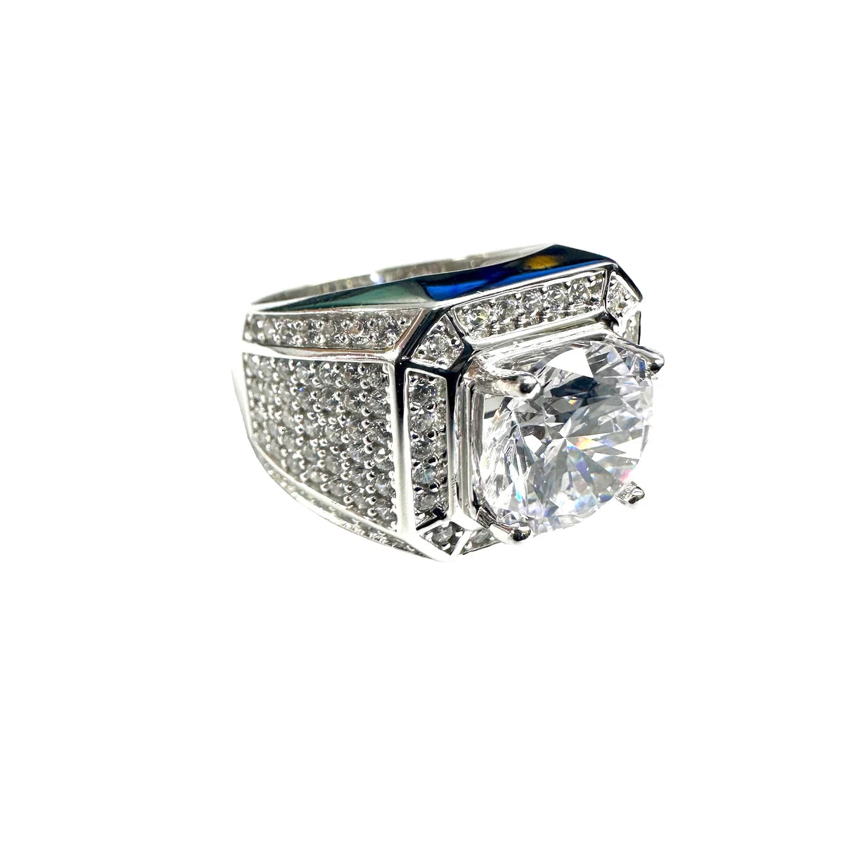 925 Sterling Silver Rhodium Plated Statement Studded Small and Top 8mm Clear CZ Ring