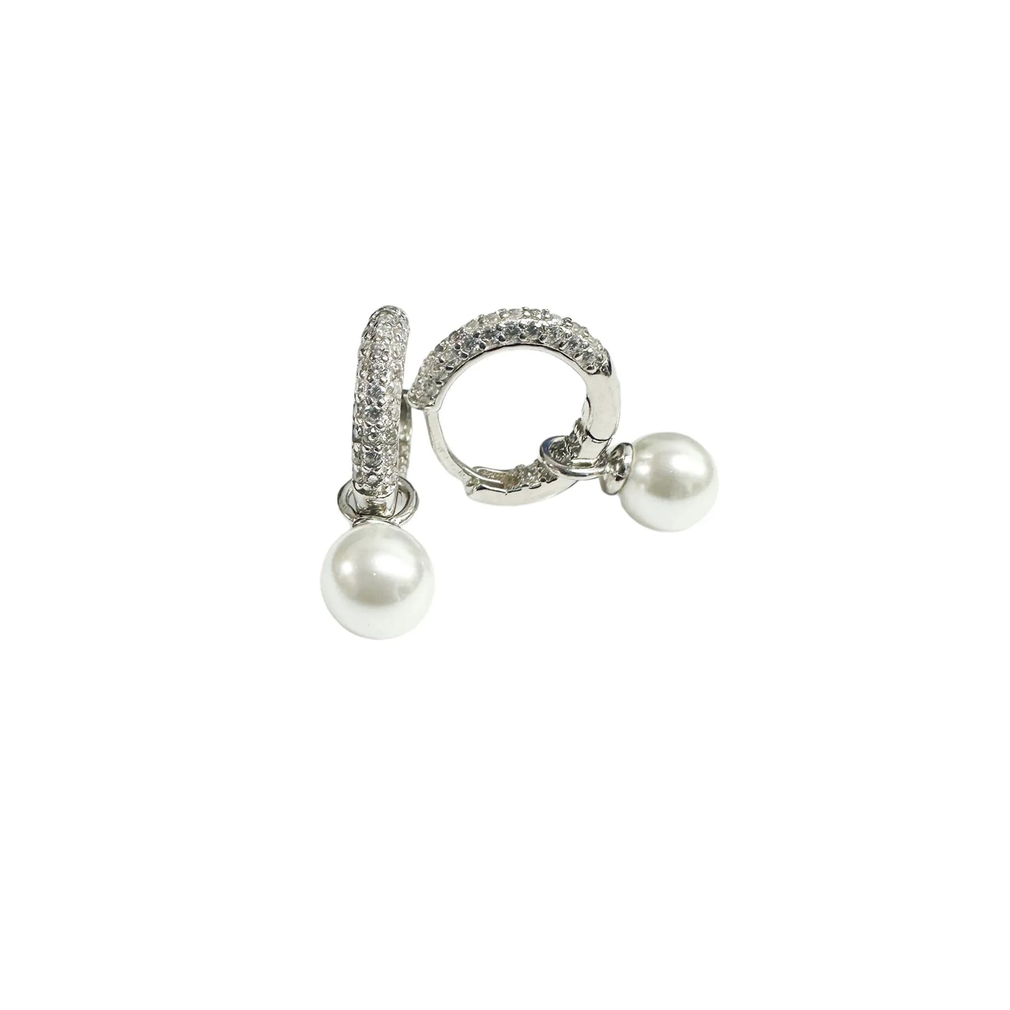 925 Sterling Silver Rhodium Plated Dangling Pearl Clear CZ Hoop Earrings
