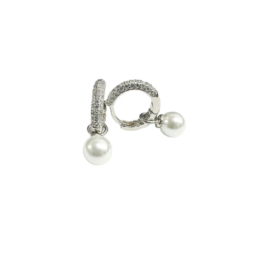 925 Sterling Silver Rhodium Plated Dangling Pearl Clear CZ Hoop Earrings