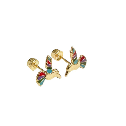 14 Karat Yellow Gold Hummingbird Multi Color Screw Back Earrings
