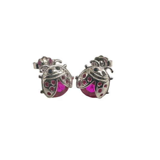 925 Sterling Silver Rhodium Plated Lady Bug Red CZ Stud Earrings