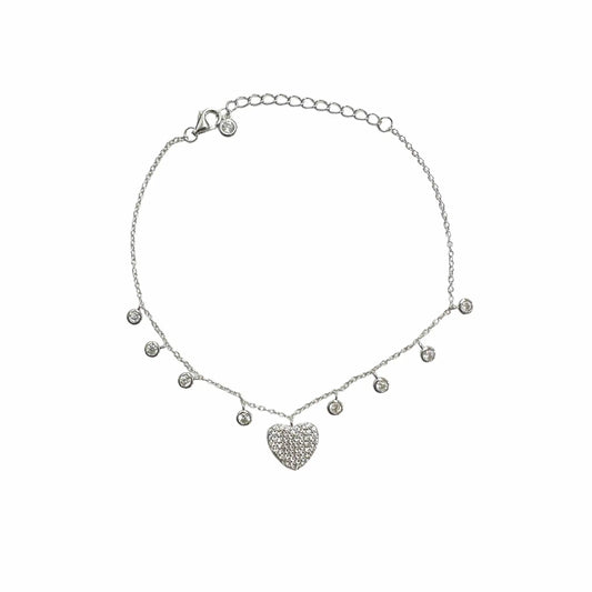 925 Sterling Silver Rhodium Plated Heart and Round Dangling Charm Bracelet