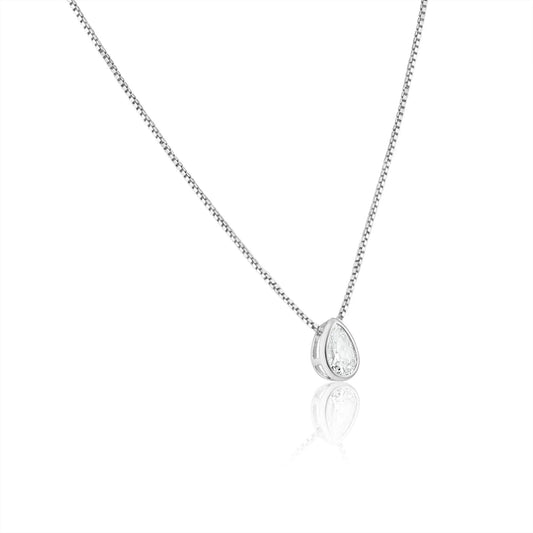 Silver Rhodium Plated Teardrop Clear CZ Pendant Necklace