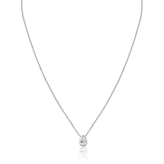 Silver Rhodium Plated Teardrop Clear CZ Pendant Necklace