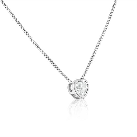 925 Sterling Silver Rhodium Plated Heart Clear CZ Solitaire Necklace