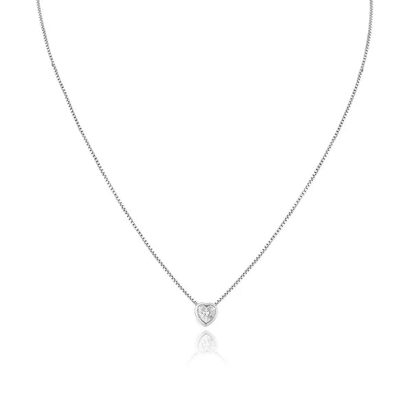 925 Sterling Silver Rhodium Plated Heart Clear CZ Solitaire Necklace