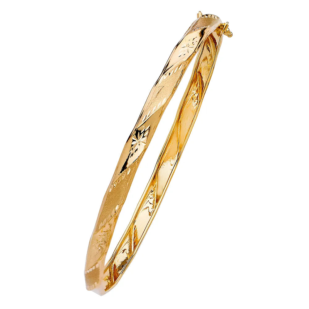 14K Yellow Gold Women’s Hollow Floral Engraved Bangle Bracelet – 7.25"