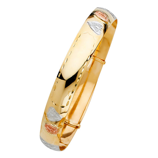 14K Tri-Color Gold Adjustable Heart Accent ID Bangle 11mm wide