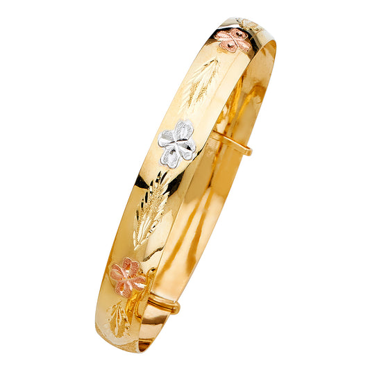 14K Tri-Color Gold Adjustable Heart Accent Bangle 10mm wide