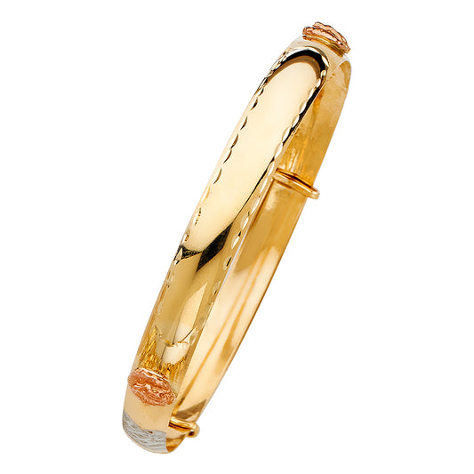 14K Tri-Color Gold Adjustable Virgen de Guadalupe Accent ID Bangle 8mm wide