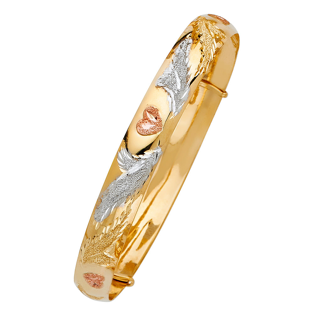 14K Tri-Color Gold Adjustable Heart Accent Bangle 8mm wide