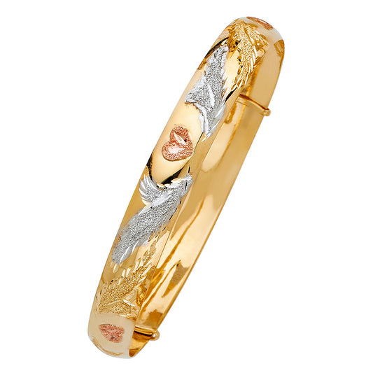 14K Tri-Color Gold Adjustable Heart Accent Bangle 8mm wide