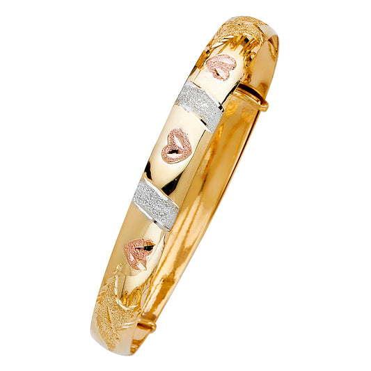 14K Tri-Color Gold Adjustable Heart Accent Bangle 8mm wide