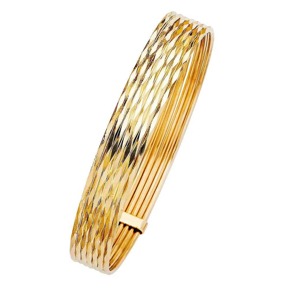 14K Yellow Gold Solid 7-Day Diamond-Cut Bangle Set Size 8"