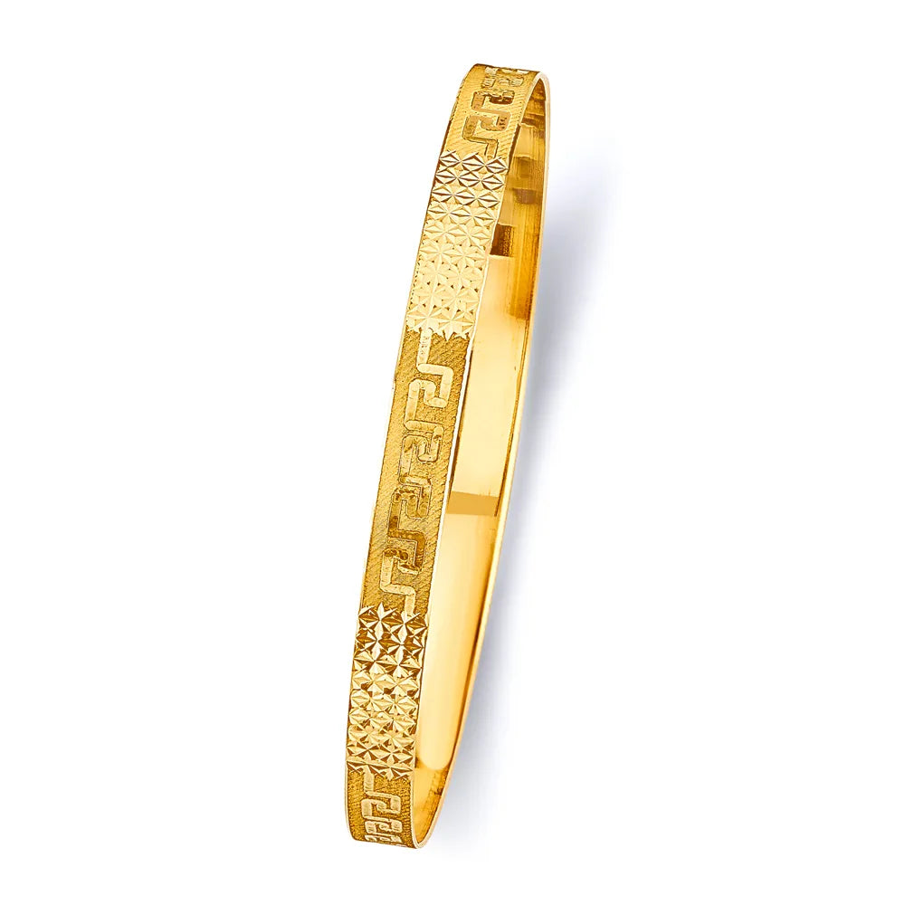 14K Yellow Gold Women’s Greek Key & Diamond-Cut Pattern Solid Bangle – Size 8”
