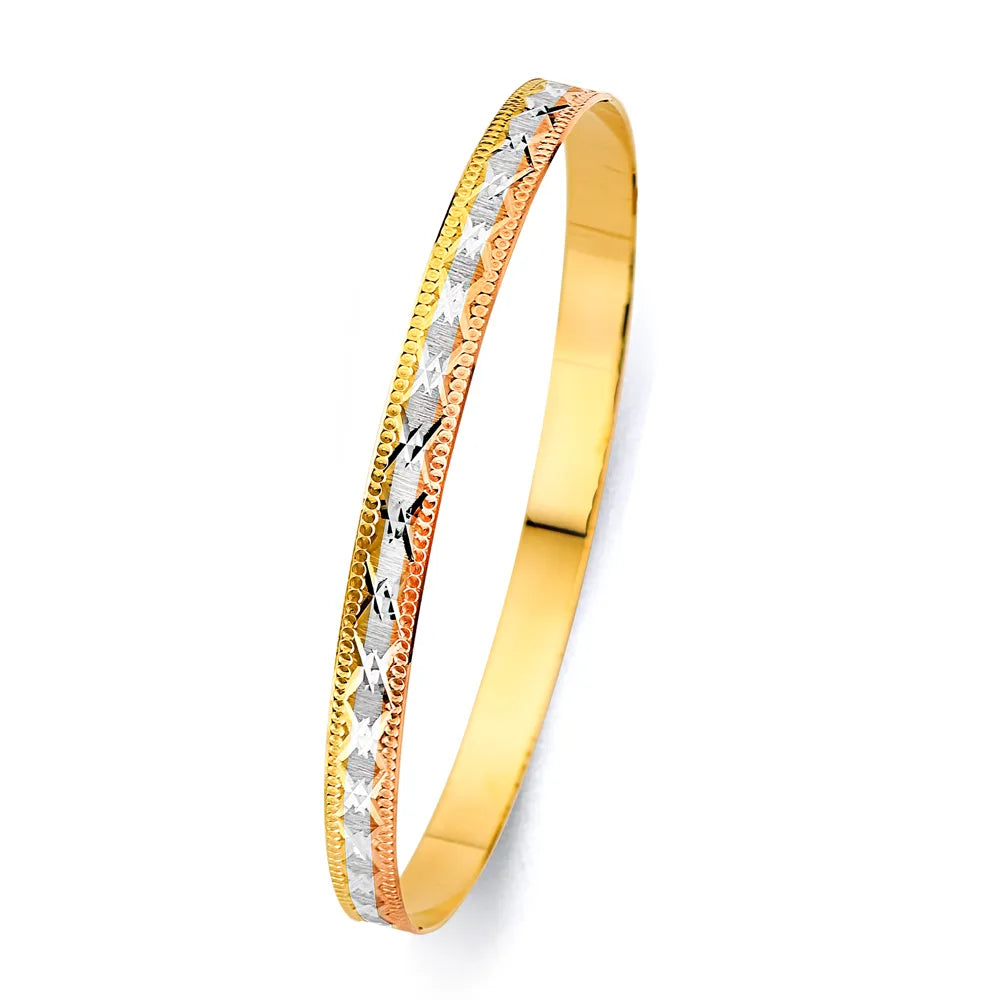 14K Tri-Color Gold Women’s Diamond-Cut Star Wave Design Solid Bangle – Size 7”
