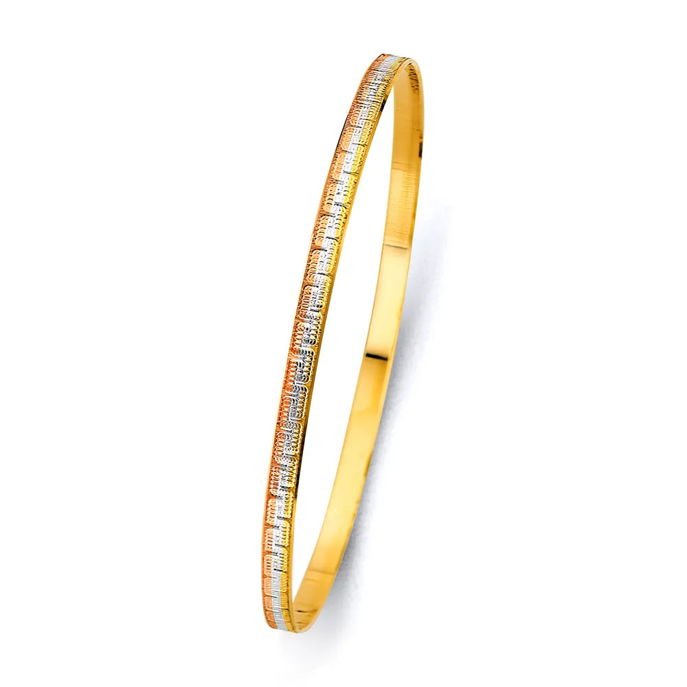 14K Tri-Color Gold Women’s Greek Key Design Solid Bangle – Size 8”