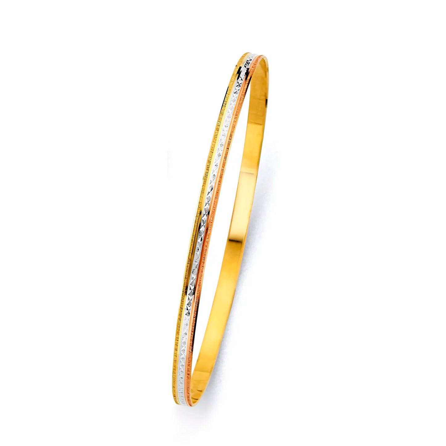 14K Tri-Color Gold Women’s Diamond-Cut Starburst Center Design Solid Bangle – Size 7”